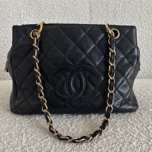 Authentic Chanel Petite Timeless Tote Bag Black Caviar Leather Gold Hardware
